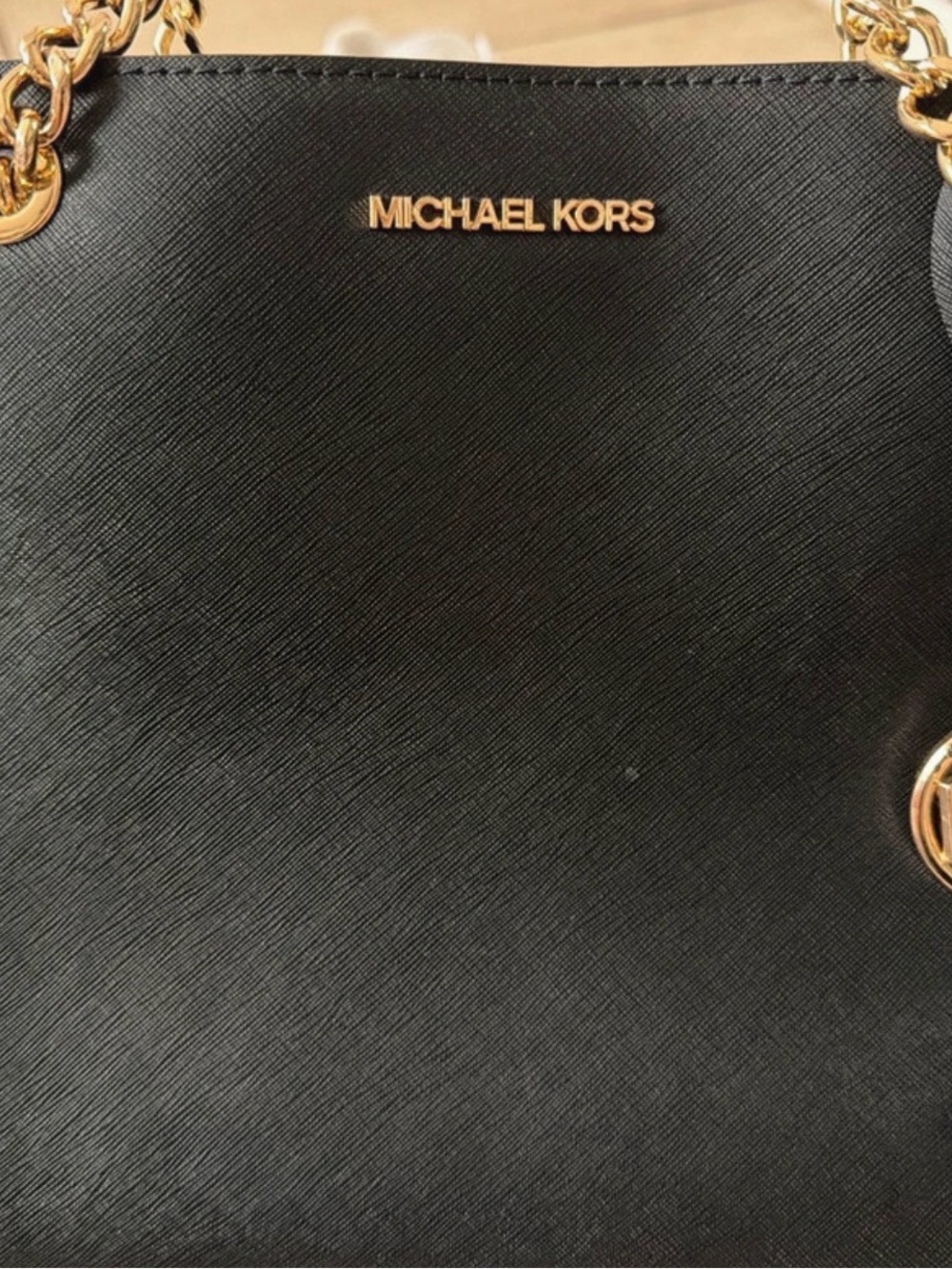 MICHAEL KORS Black Saffiano Leather Shoulder Bag with Gold Chain Accents